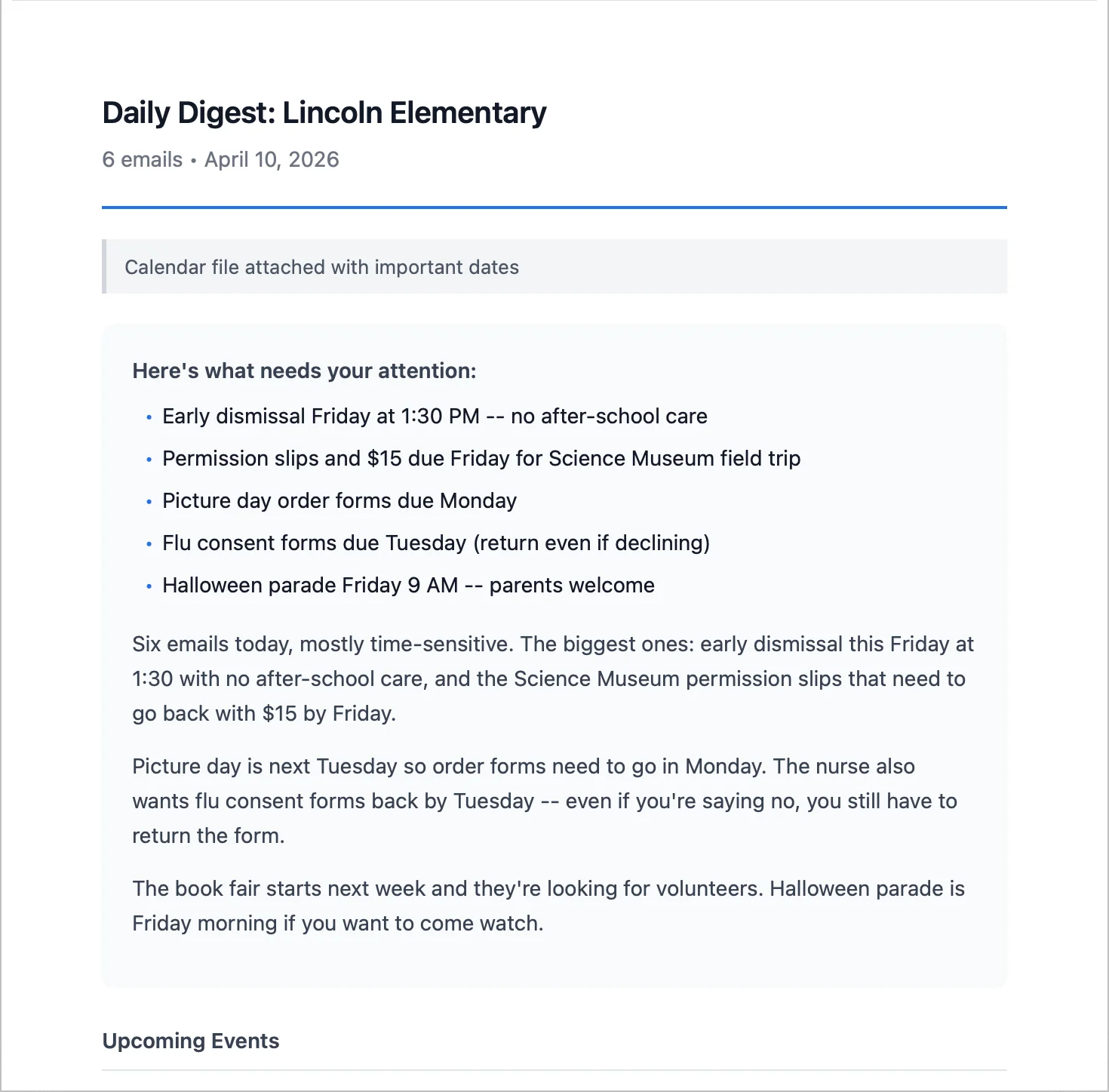 EmailSnapshot daily digest showing highlights and action items from school emails