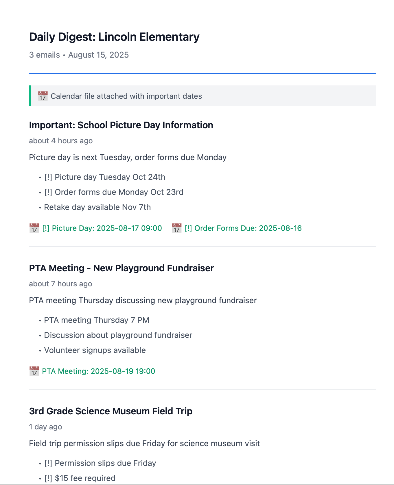 EmailSnapshot Daily Digest showing organized school emails