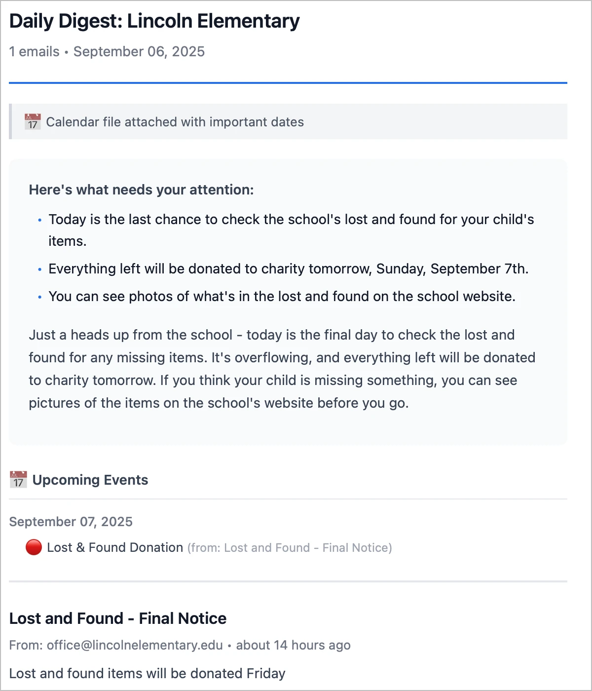 School email digest showing organized summary