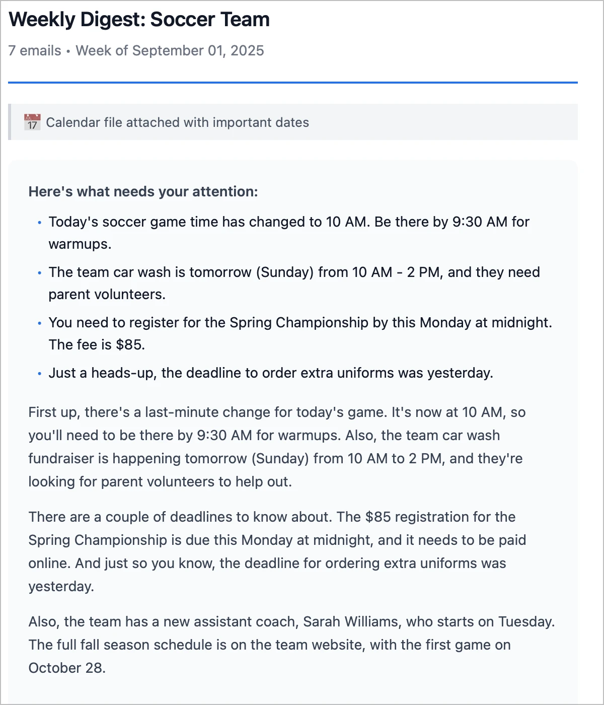 EmailSnapshot daily digest showing organized school information