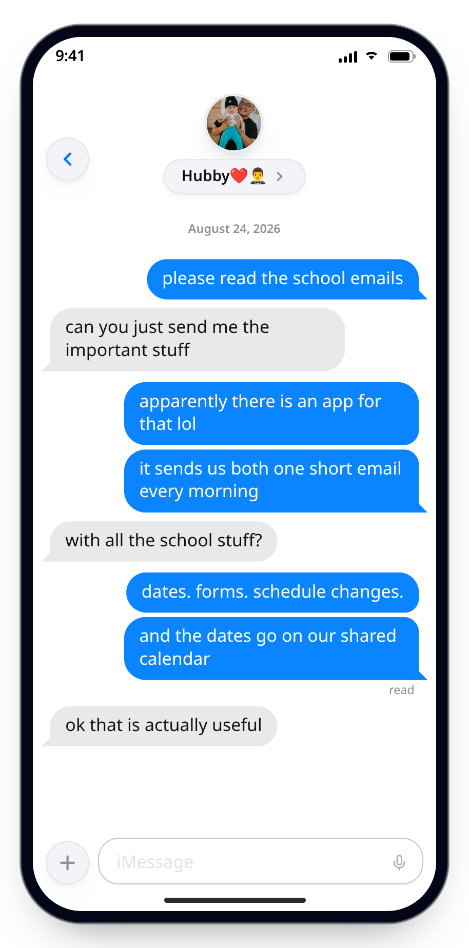 iMessage conversation where a spouse asks for the important school email details and learns that dates appear on a shared calendar